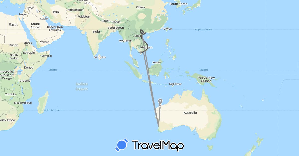 TravelMap itinerary: driving, plane, boat, motorbike in Australia, Vietnam (Asia, Oceania)